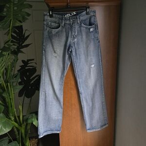 Helix Men's Loose Straight Fit Distressed Blue Jeans White Stitching